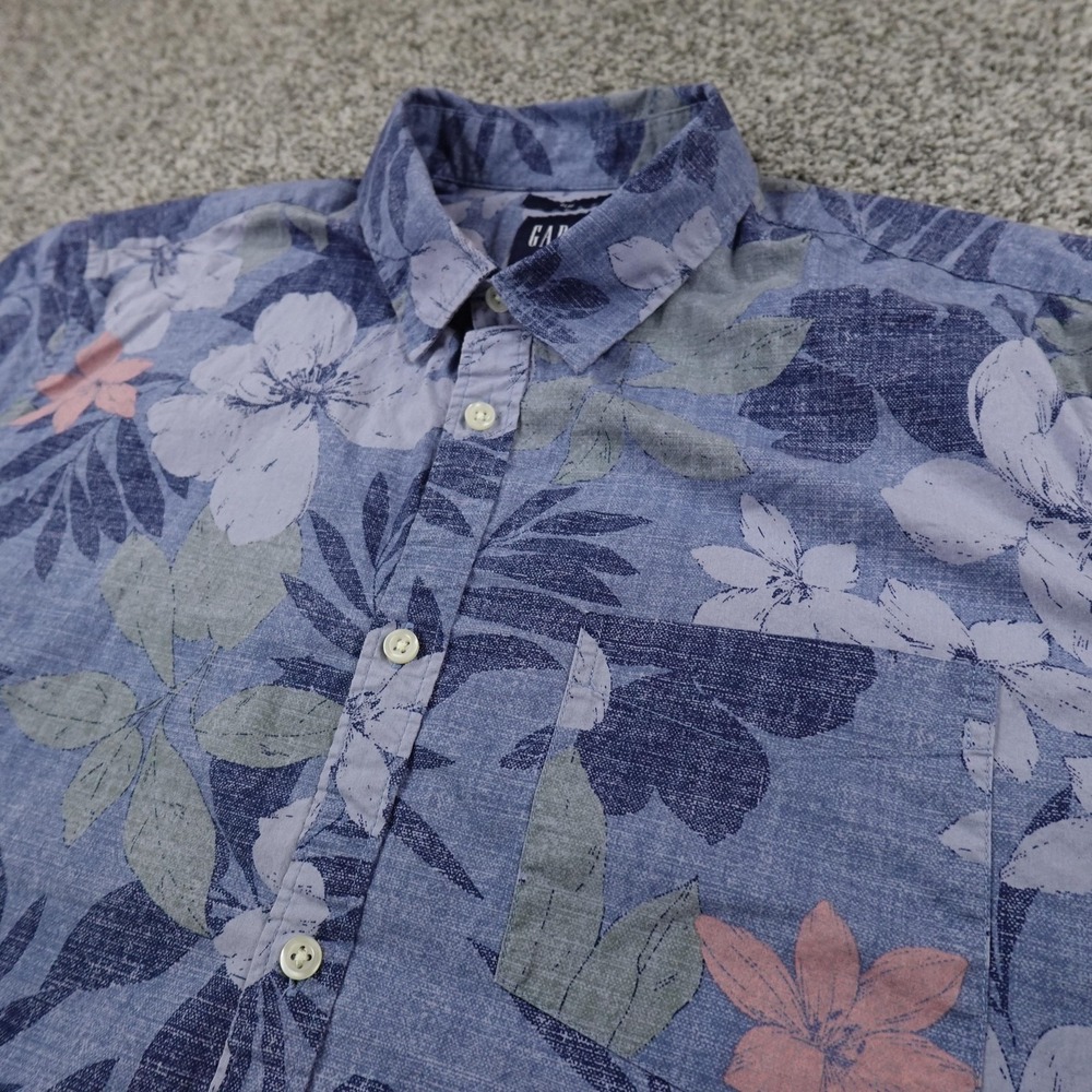 GAP Shirt Mens XL Blue Floral Hibiscus Aloha Hawaiian Chambray Button Up Camp